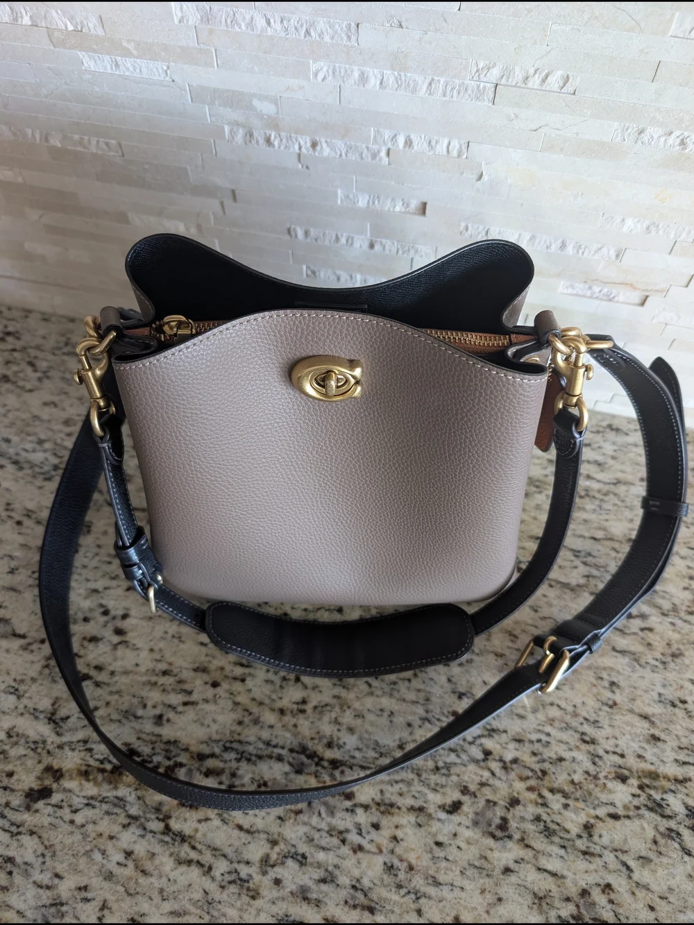 Coach Pebbled Leather Willow Bucket Bag in Dark Stone (Taupe) with Black Straps